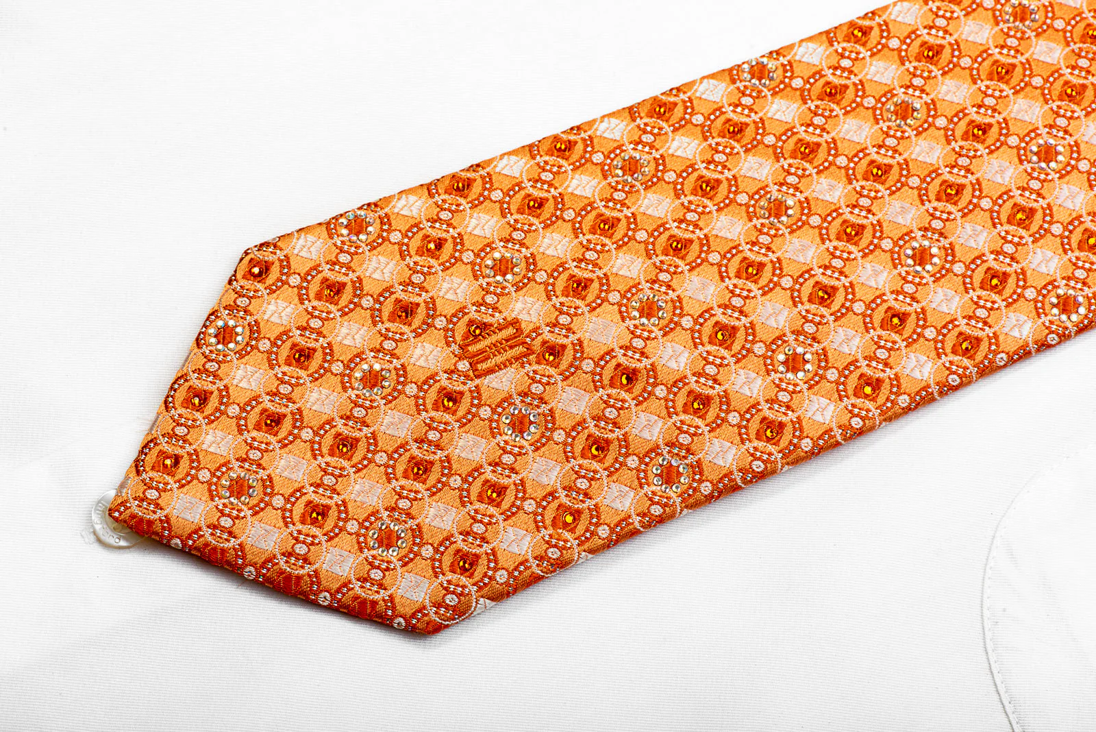 Daks Geometric On Orange With Silver Sparkles Rhinestone Silk Tie - Image 3