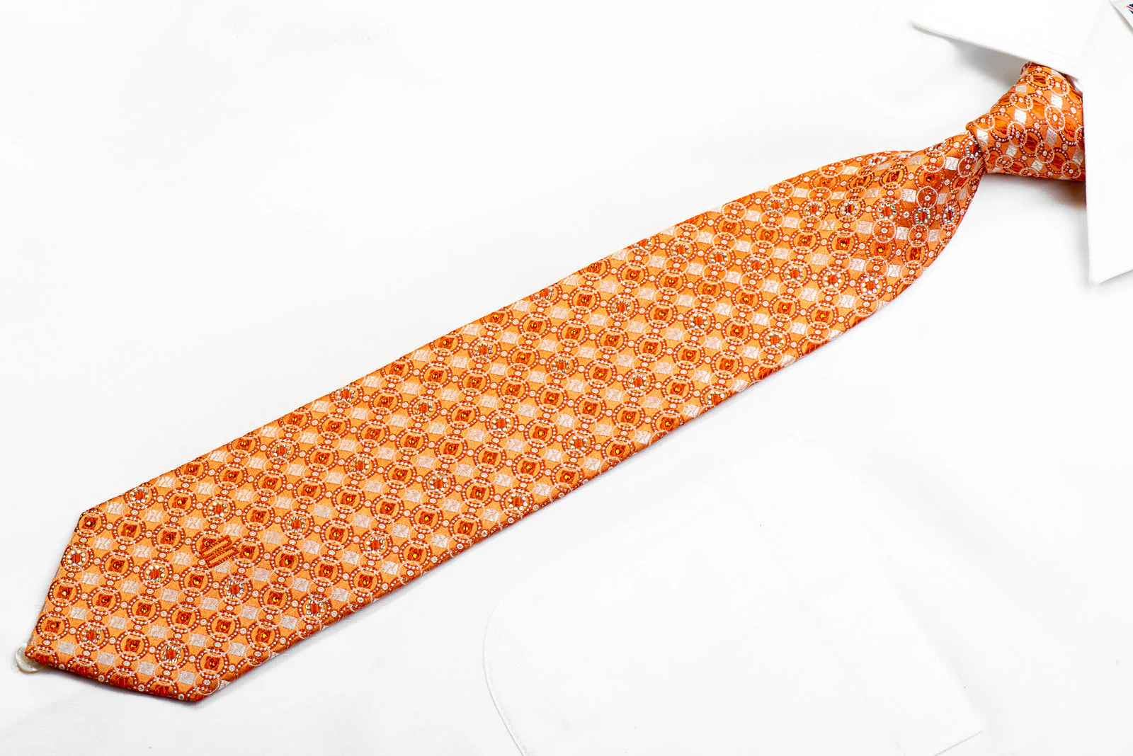Daks Geometric On Orange With Silver Sparkles Rhinestone Silk Tie - Image 4