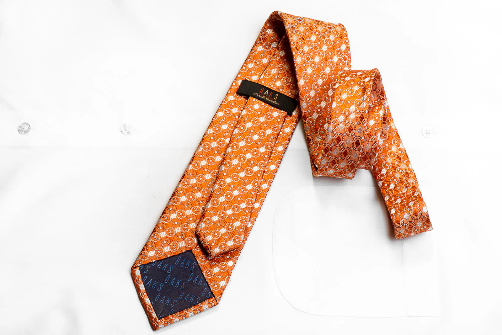 Daks Geometric On Orange With Silver Sparkles Rhinestone Silk Tie - Image 5