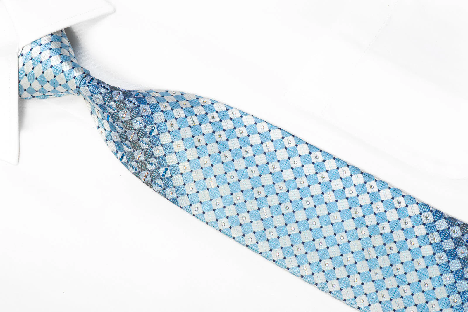Daks Rhinestone Silk Tie Light Blue Silver Checkered With Metallic Blue Sparkles - Image 2