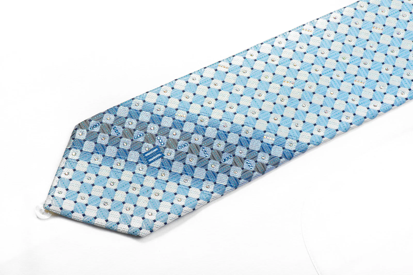 Daks Rhinestone Silk Tie Light Blue Silver Checkered With Metallic Blue Sparkles - Image 3