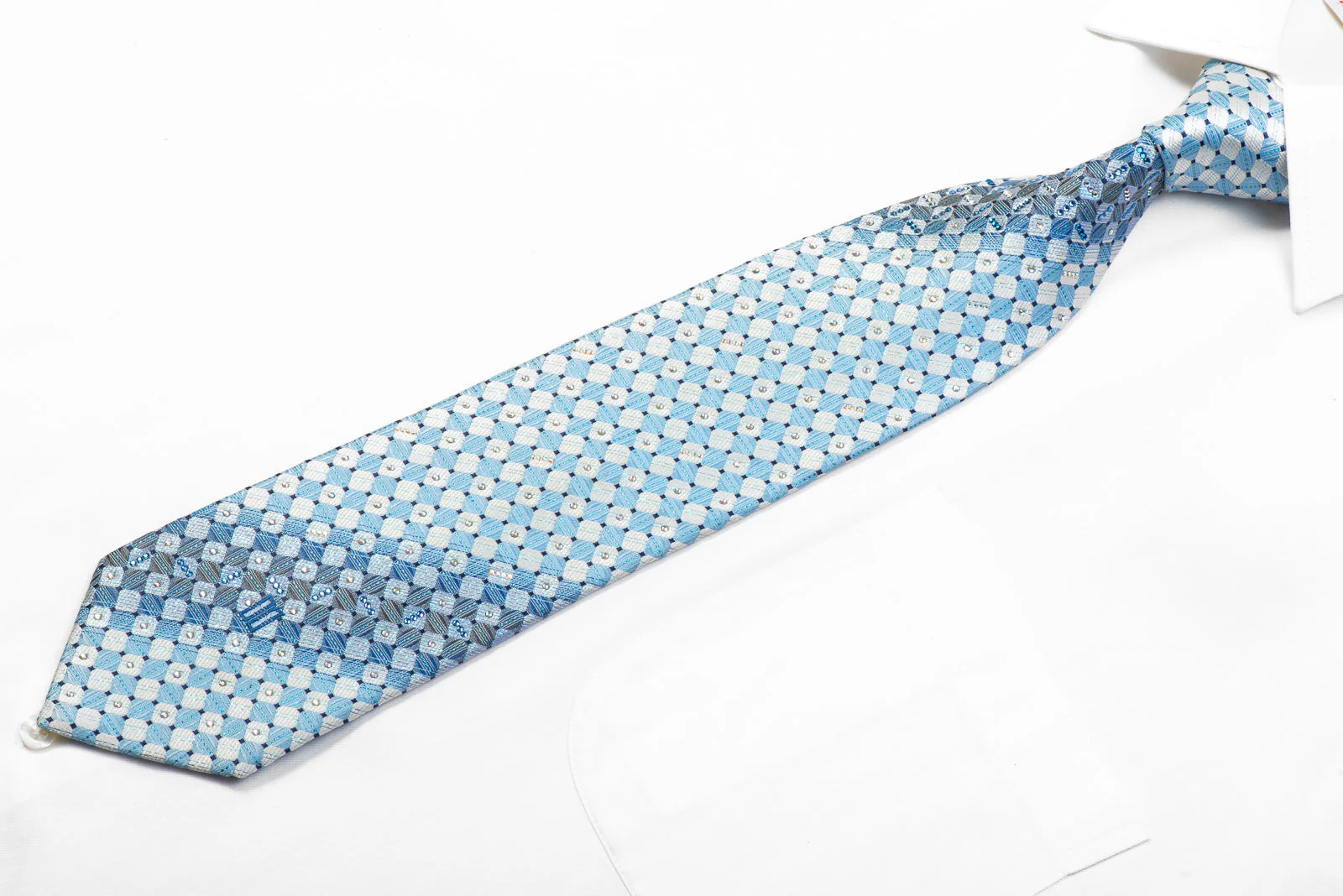 Daks Rhinestone Silk Tie Light Blue Silver Checkered With Metallic Blue Sparkles - Image 4