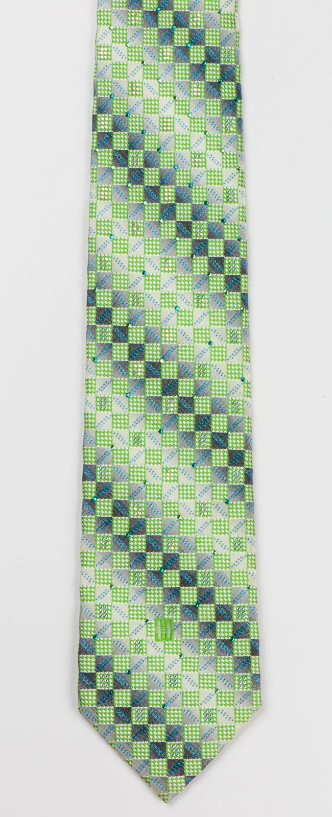 Daks Rhinestone Tie Green Gray Silk Checked Design With Blue Sparkles - Image 4