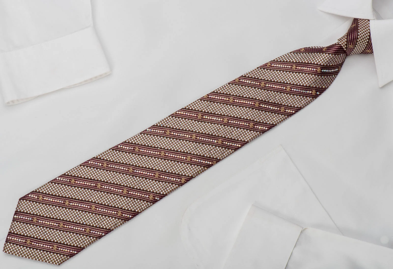 Striped On Burgundy Rhinestone Tie With Gold Sparkles - Image 3