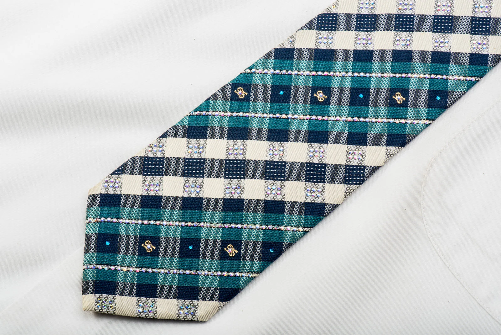 Turquoise Blue Silver Plaid With Sparkles Rhinestone Tie With Sparkles - Image 6