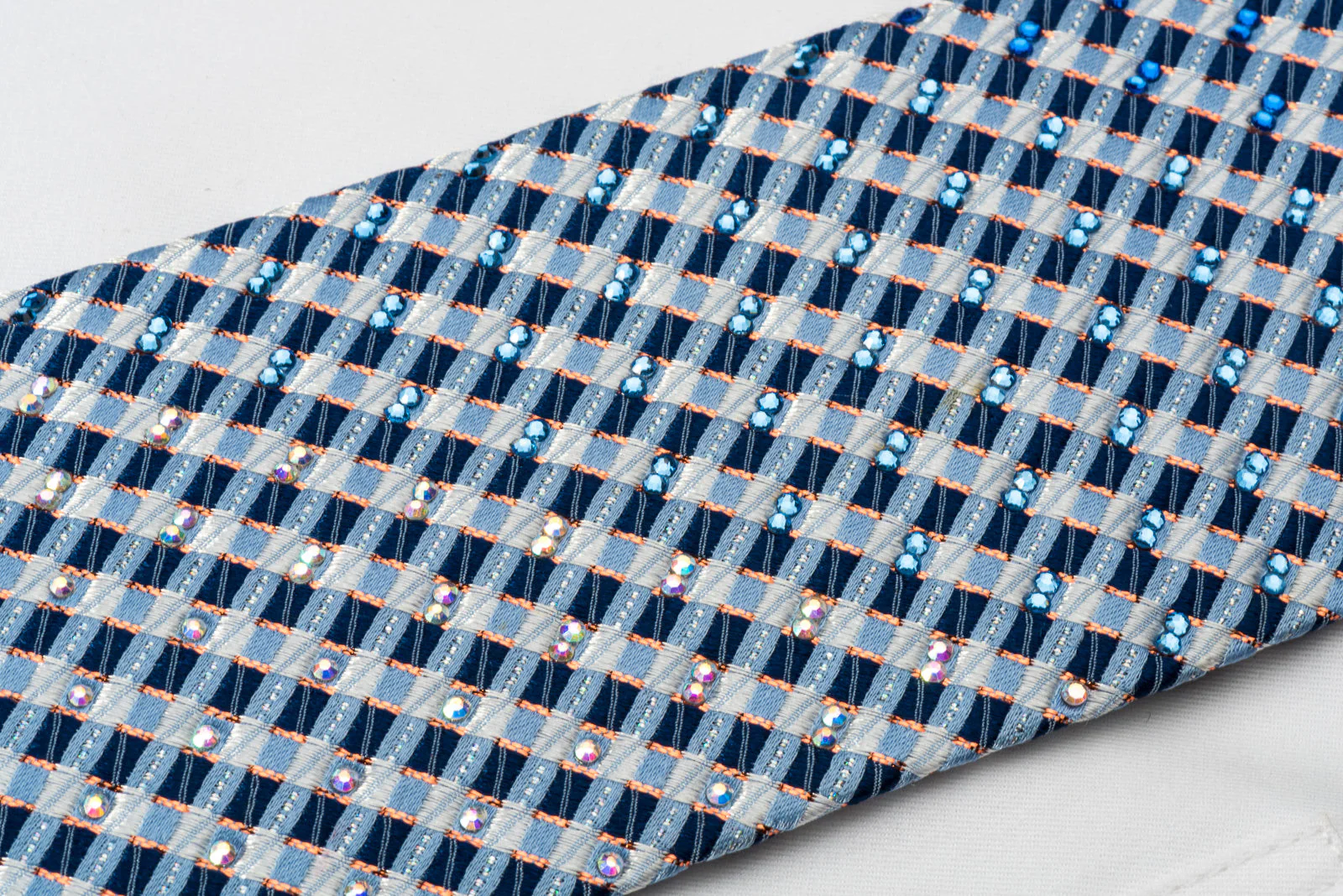 Daks Silk Bling Rhinestone Tie Blue Checkered With Sparkles - Image 3
