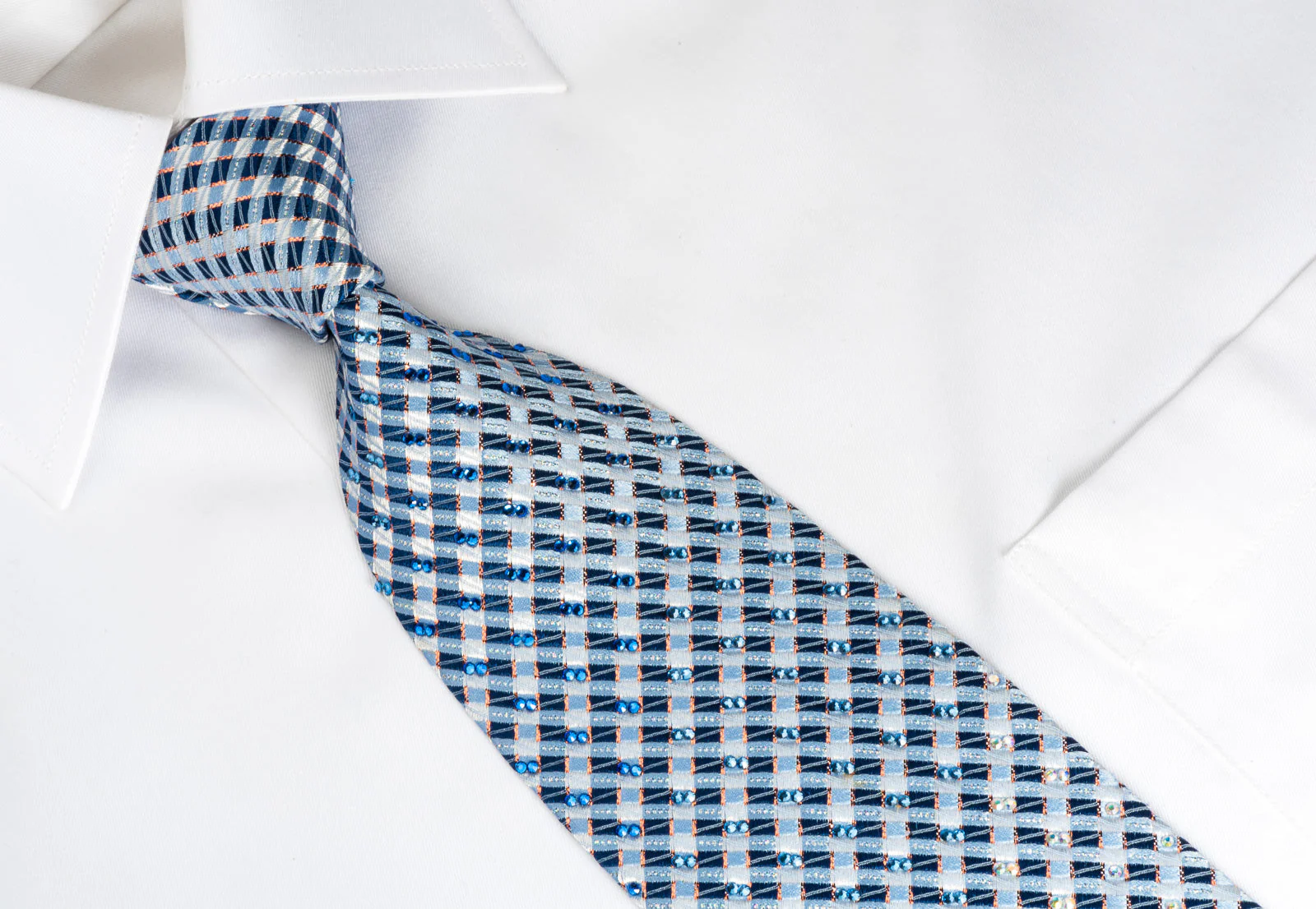 Daks Silk Bling Rhinestone Tie Blue Checkered With Sparkles - Image 4