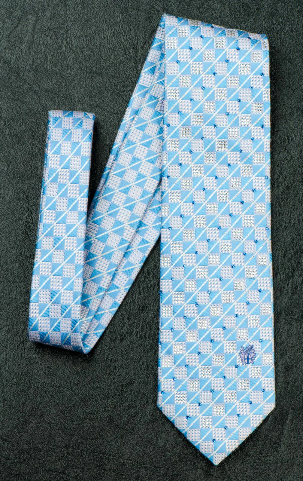 Daks Silk Neck Tie Blue & White Checks With Silver Highlights & Rhinestones - Image 2