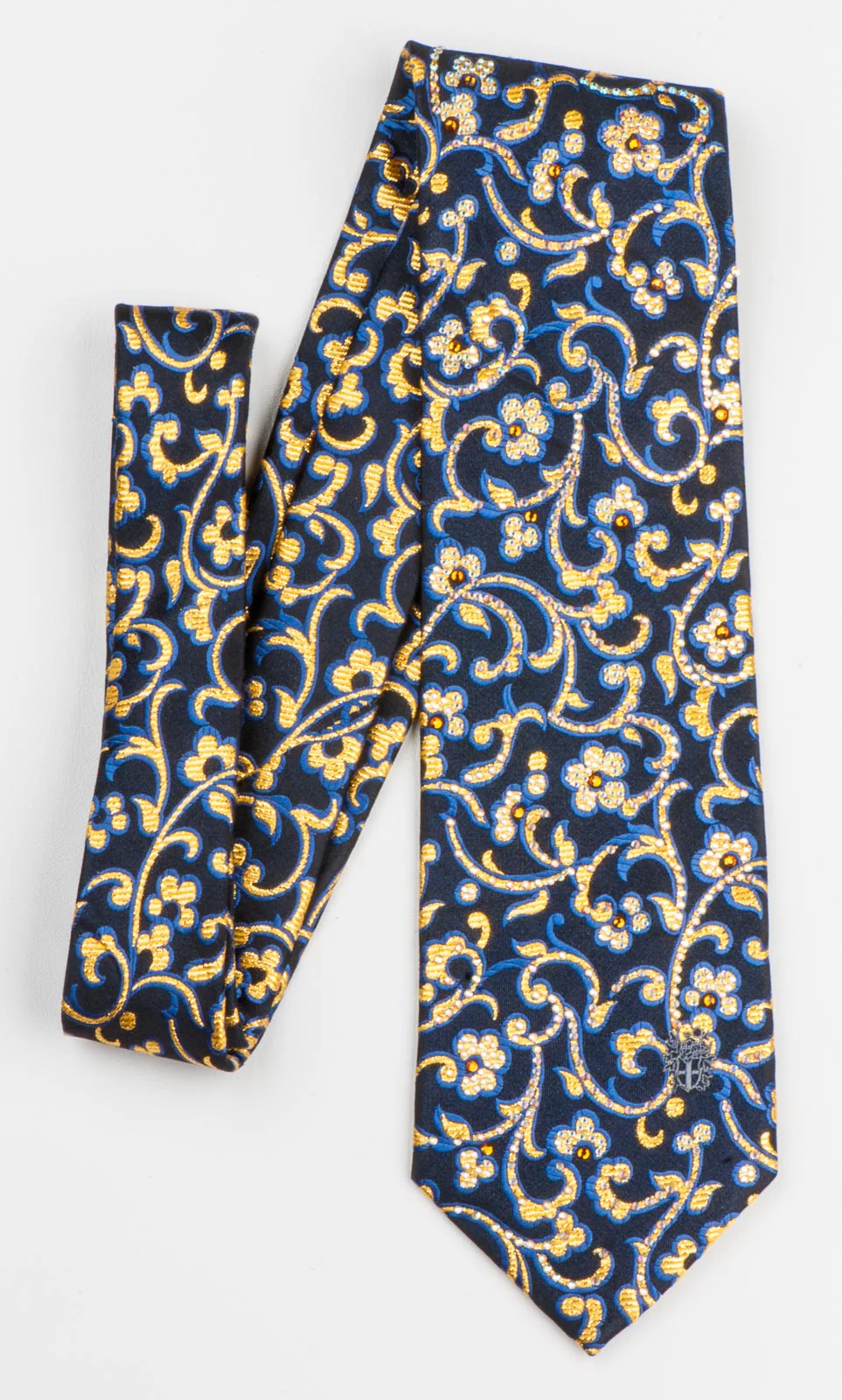 Silk Neck Tie Golden Floral On Navy Blue With Rhinestones - Image 4