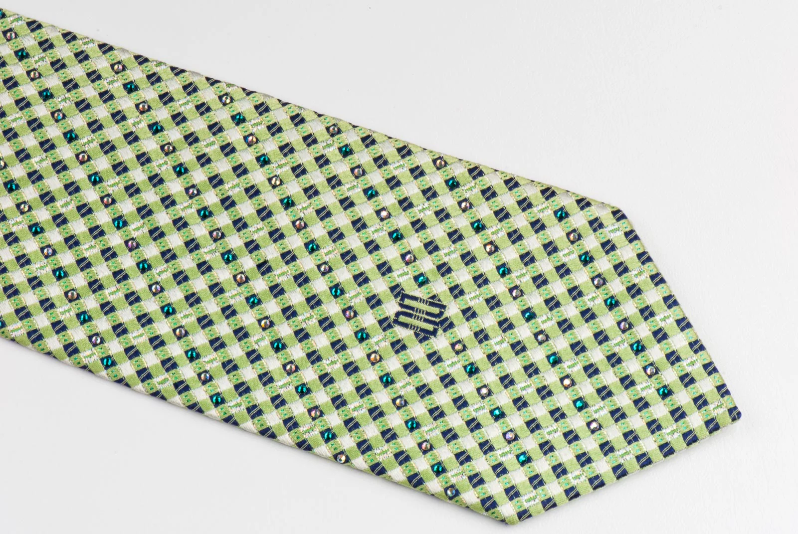 Daks Silk Neck Tie Lime Green & Black Checks With Silver Sparkles & Rhinestones - Image 2