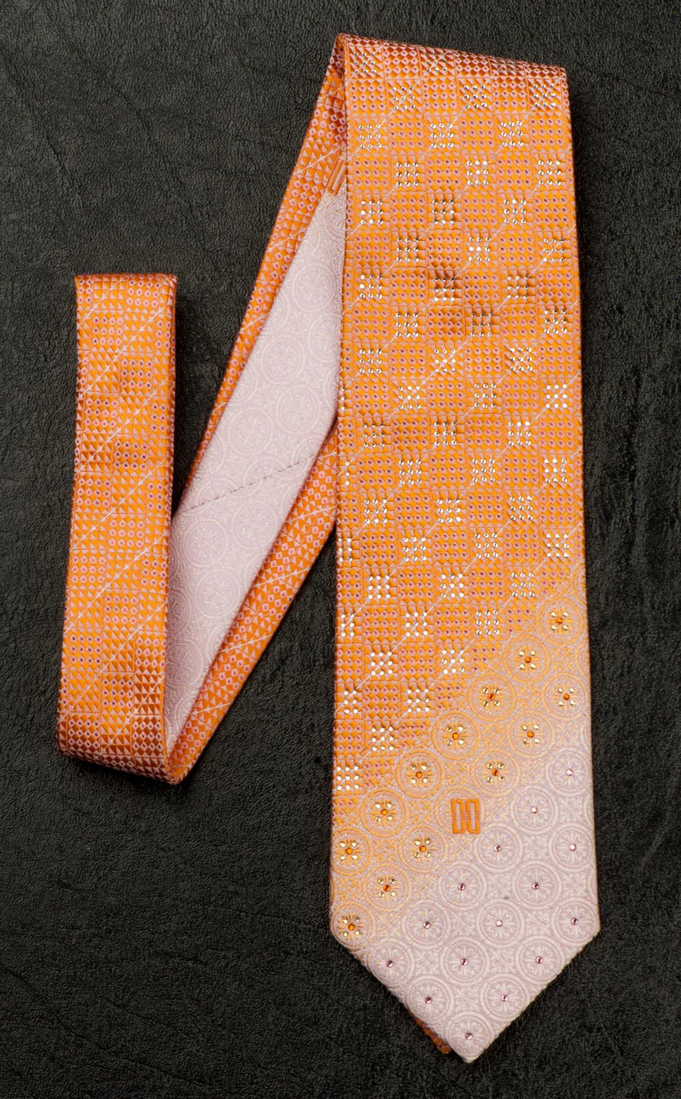 Daks Silk Neck Tie With Rhinestones Orange & White Checked With Silver Sparkles - Image 3
