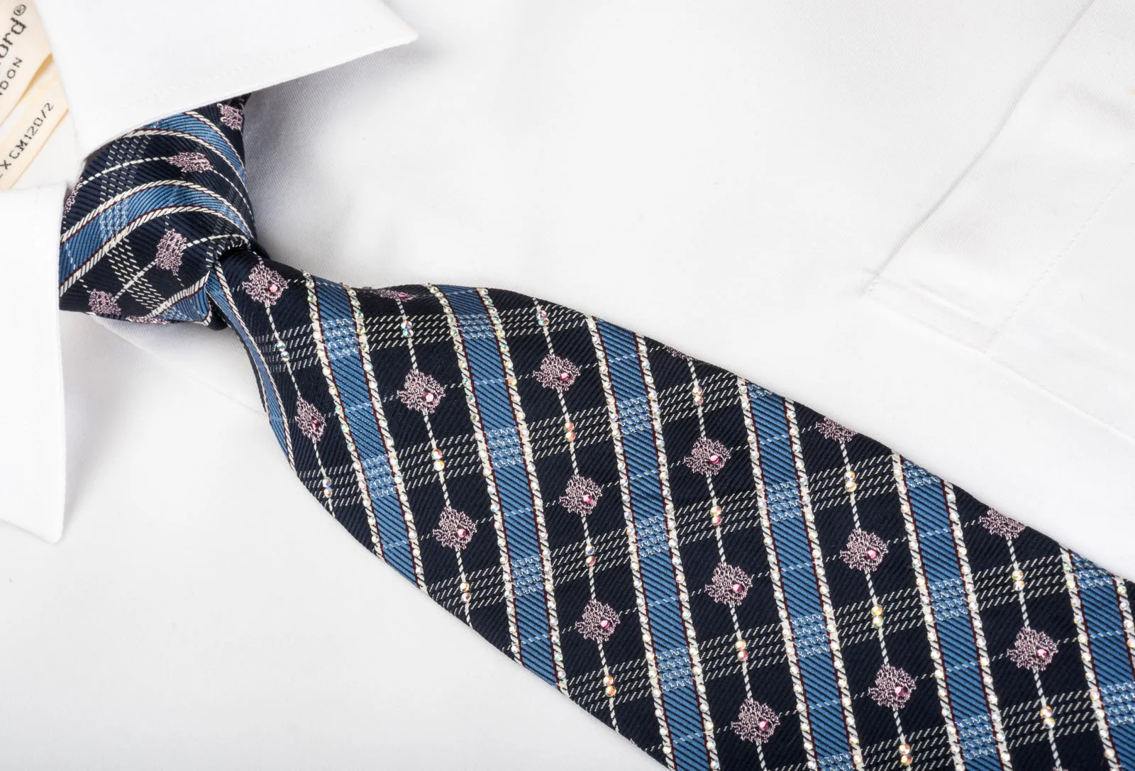 Daks Silk Rhinestone Necktie Blue Plaids With Silver Sparkles - Image 2