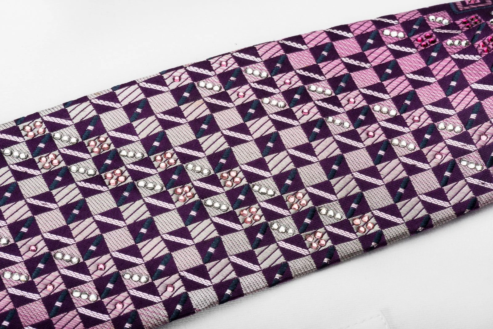 Daks Silk Rhinestone Necktie Checker On Purple With Silver Sparkles - Image 11