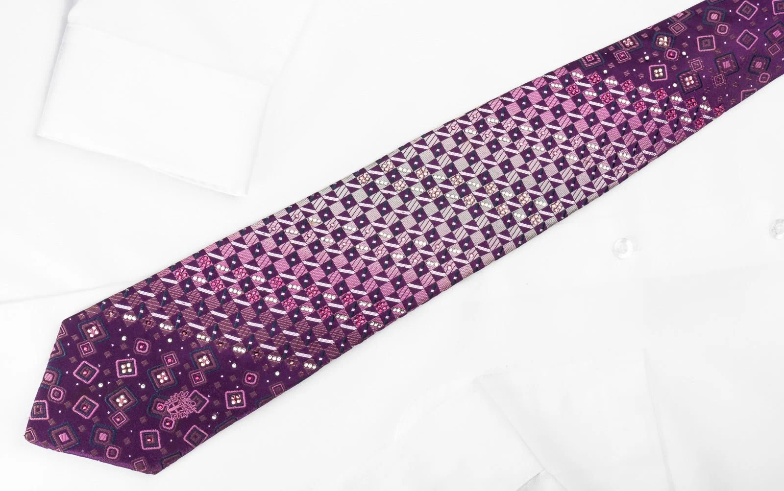 Daks Silk Rhinestone Necktie Checker On Purple With Silver Sparkles - Image 12