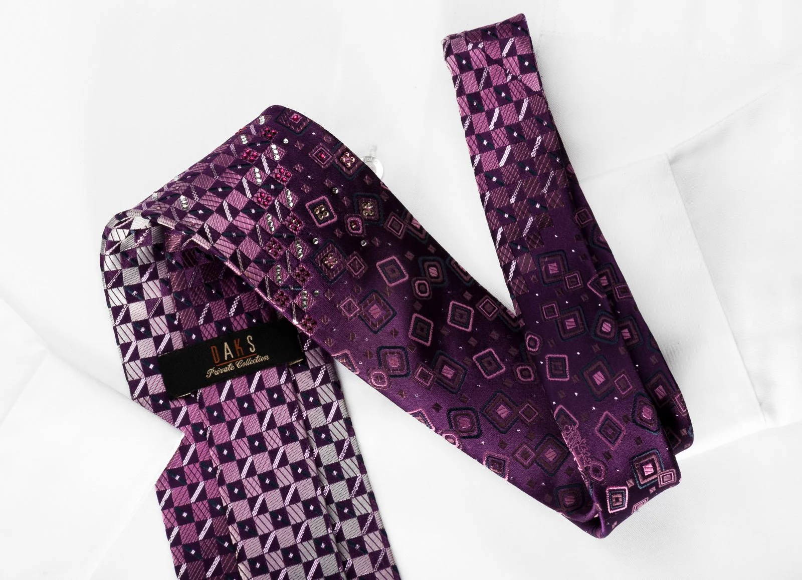 Daks Silk Rhinestone Necktie Checker On Purple With Silver Sparkles - Image 13