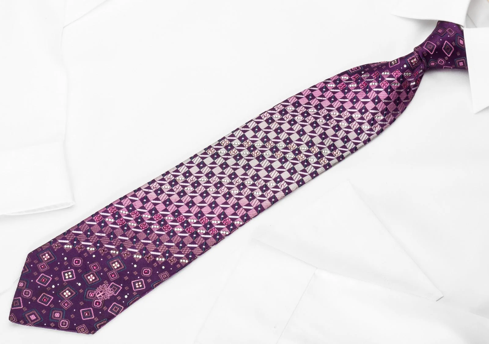 Daks Silk Rhinestone Necktie Checker On Purple With Silver Sparkles - Image 14