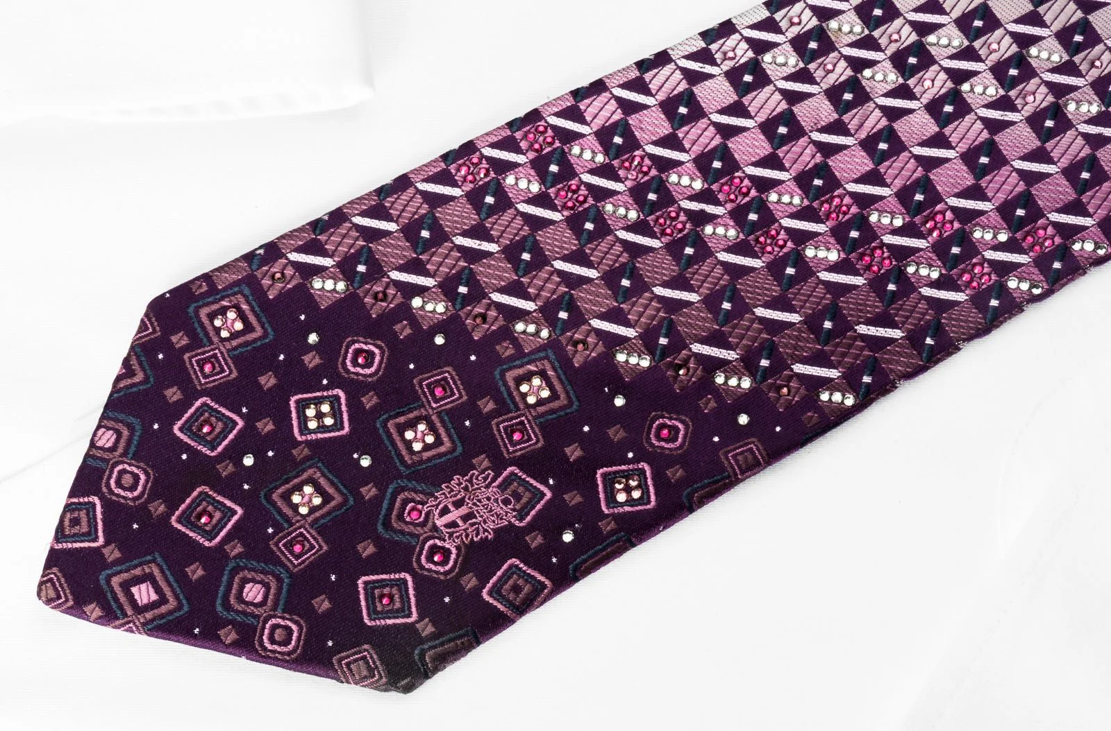 Daks Silk Rhinestone Necktie Checker On Purple With Silver Sparkles - Image 9