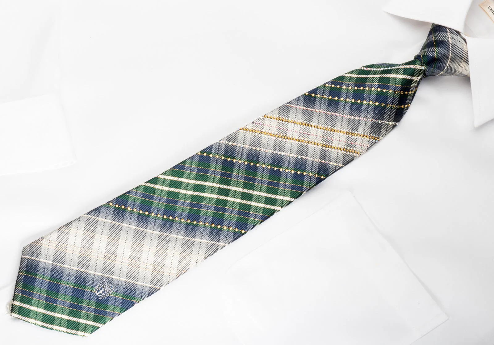 Daks Silk Rhinestone Necktie Green Blue Plaid With Gold Sparkles - Image 6