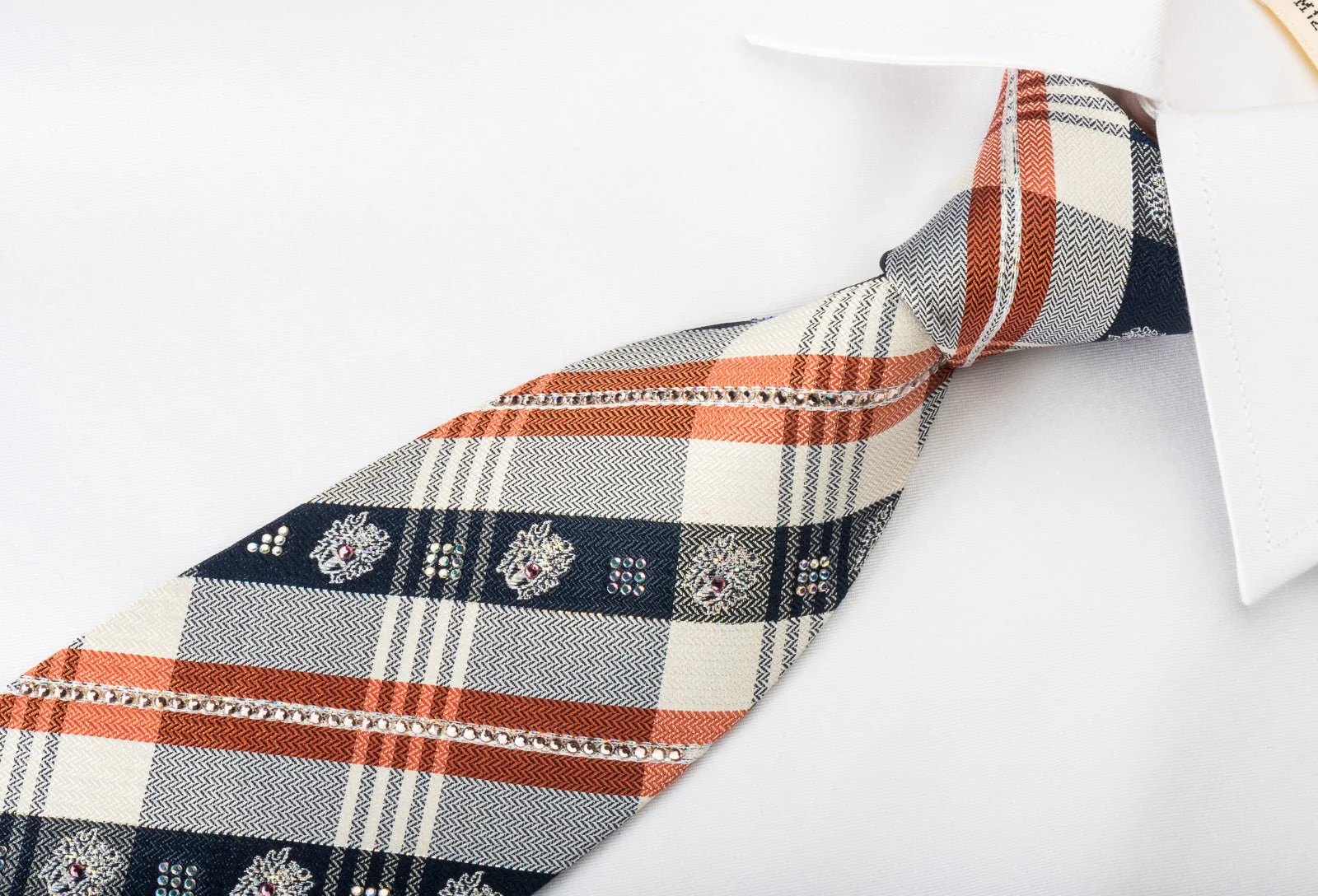 Daks Silk Rhinestone Necktie Plaids On Ivory White Herringbone Weave - Image 3