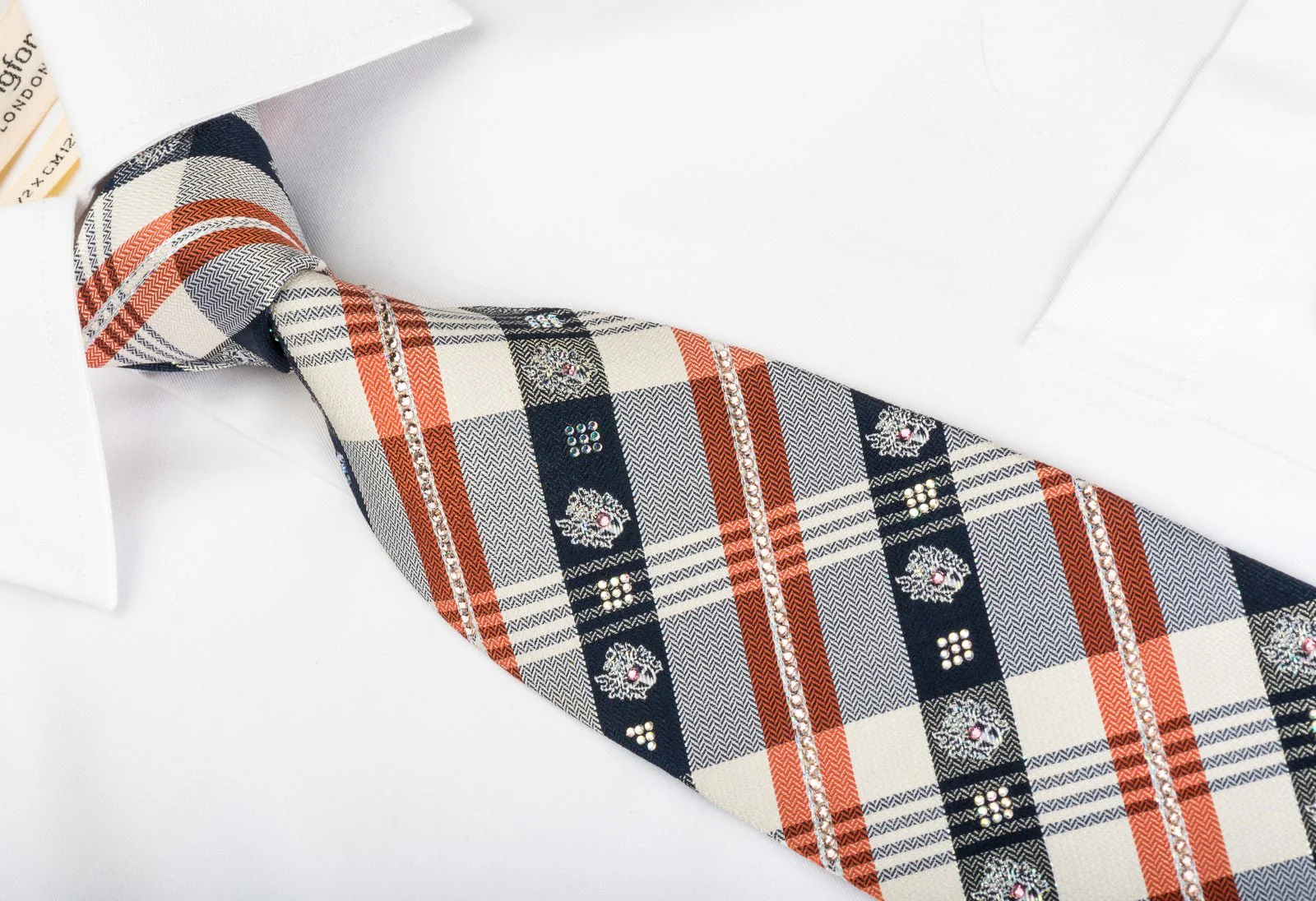 Daks Silk Rhinestone Necktie Plaids On Ivory White Herringbone Weave - Image 5
