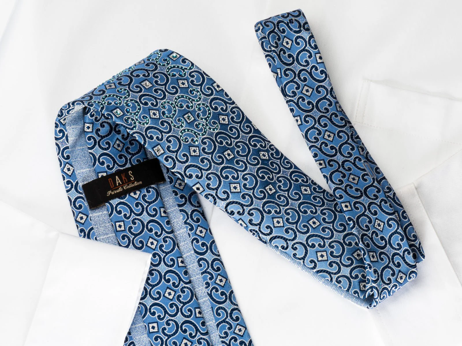 Daks Silk Rhinestone Necktie Scrolls Blue With Silver Sparkles - Image 4