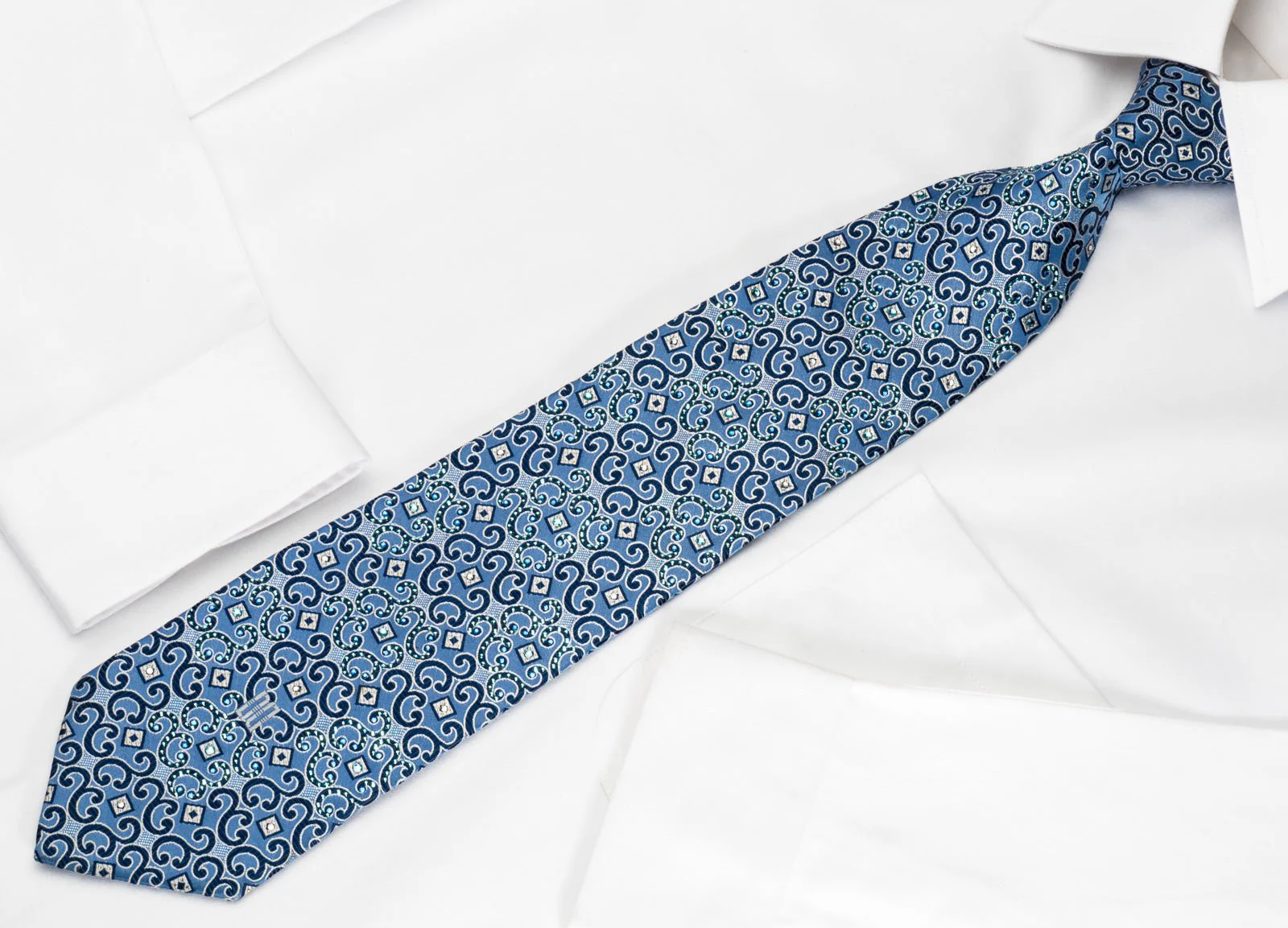 Daks Silk Rhinestone Necktie Scrolls Blue With Silver Sparkles - Image 7
