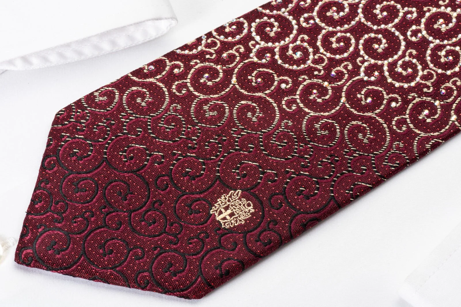 Daks Silk Rhinestone Necktie Scrolls On Burgundy With Silver Red Sparkles - Image 4
