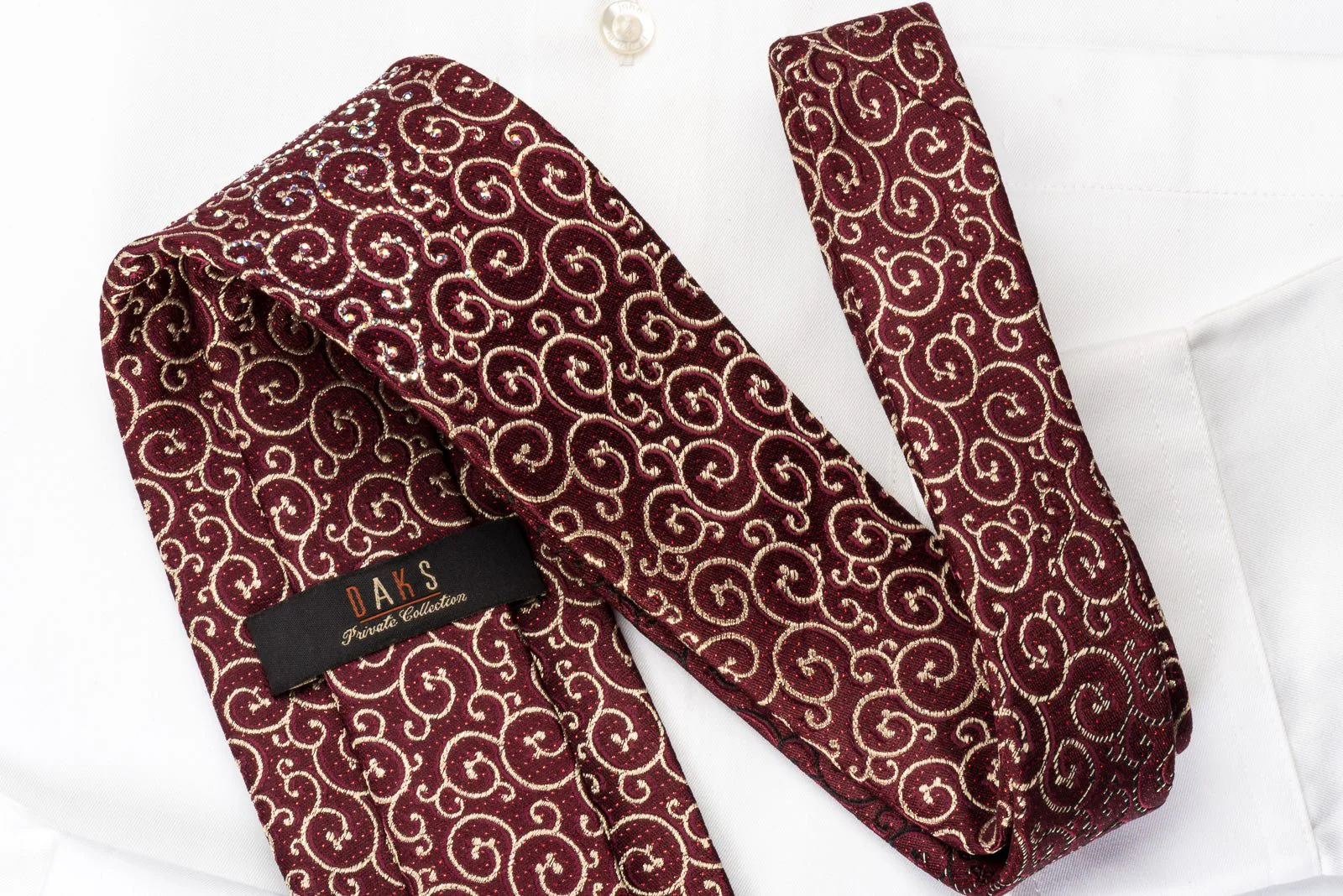Daks Silk Rhinestone Necktie Scrolls On Burgundy With Silver Red Sparkles - Image 6