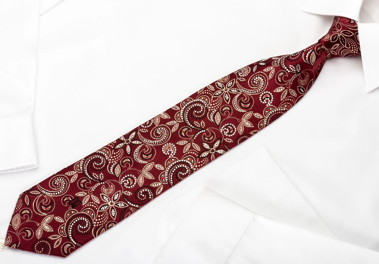 Daks Silk Rhinestone Necktie Gold Floral On Burgundy With Golden Sparkles - Image 4