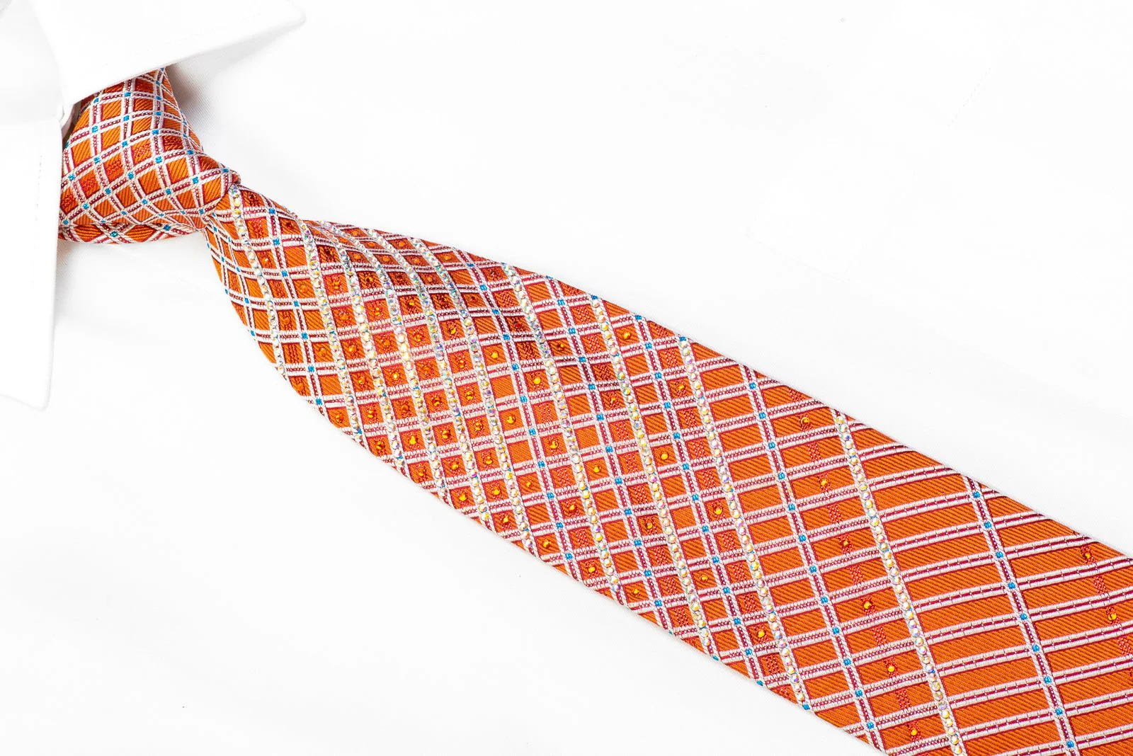 Daks Silk Rhinestone Necktie Silver Striped On Orange With Sparkles - Image 2