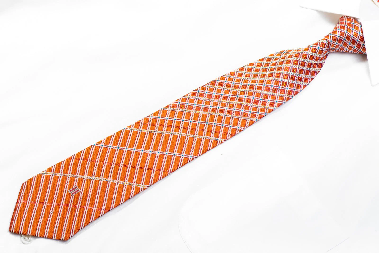 Daks Silk Rhinestone Necktie Silver Striped On Orange With Sparkles - Image 3