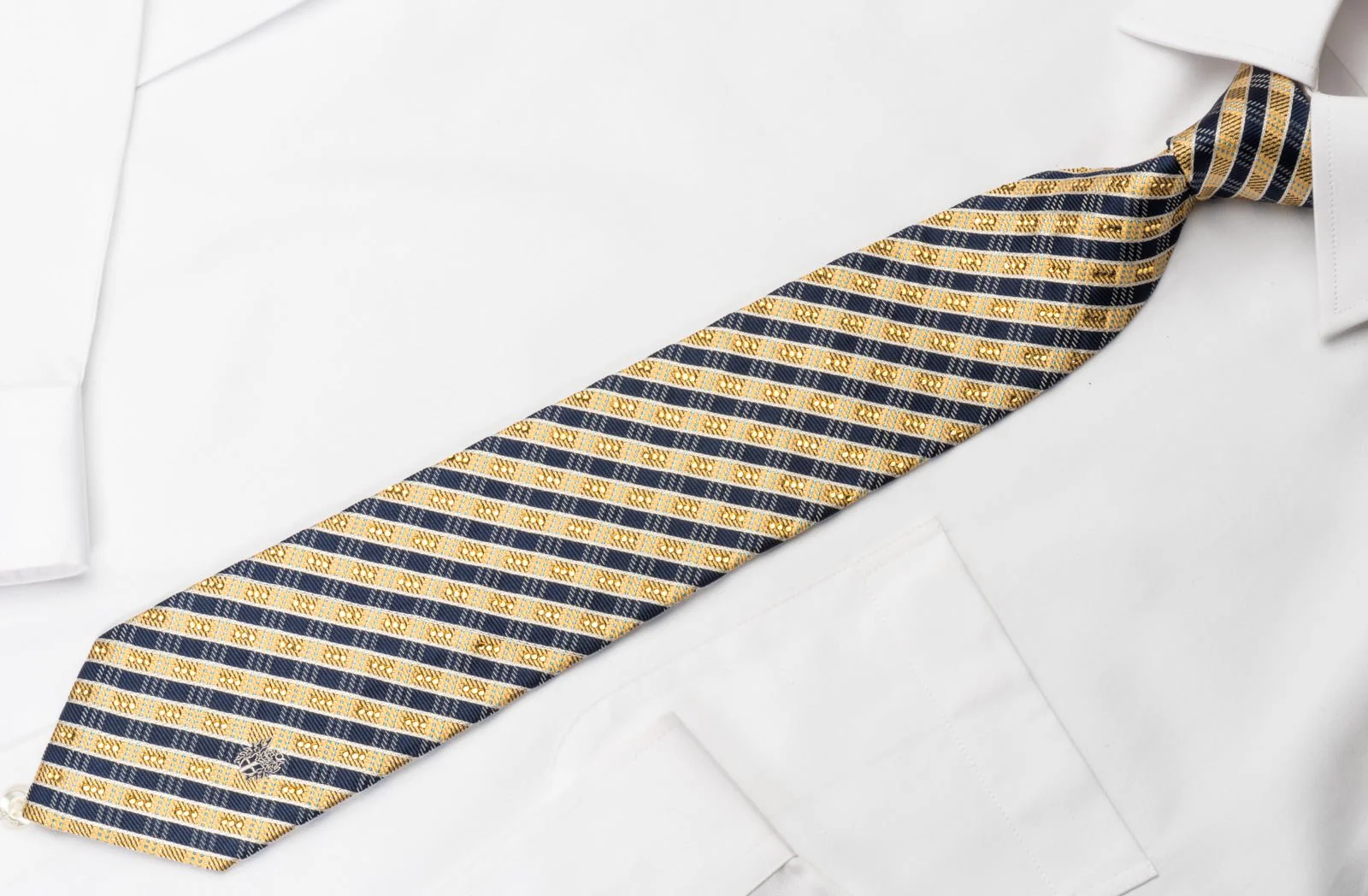 Daks Silk Rhinestone Tie Black Gold Stripes With Silver Blue Sparkles - Image 2
