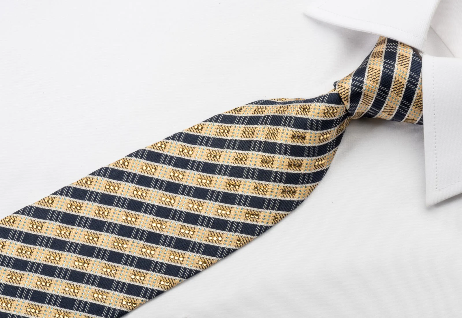 Daks Silk Rhinestone Tie Black Gold Stripes With Silver Blue Sparkles - Image 4