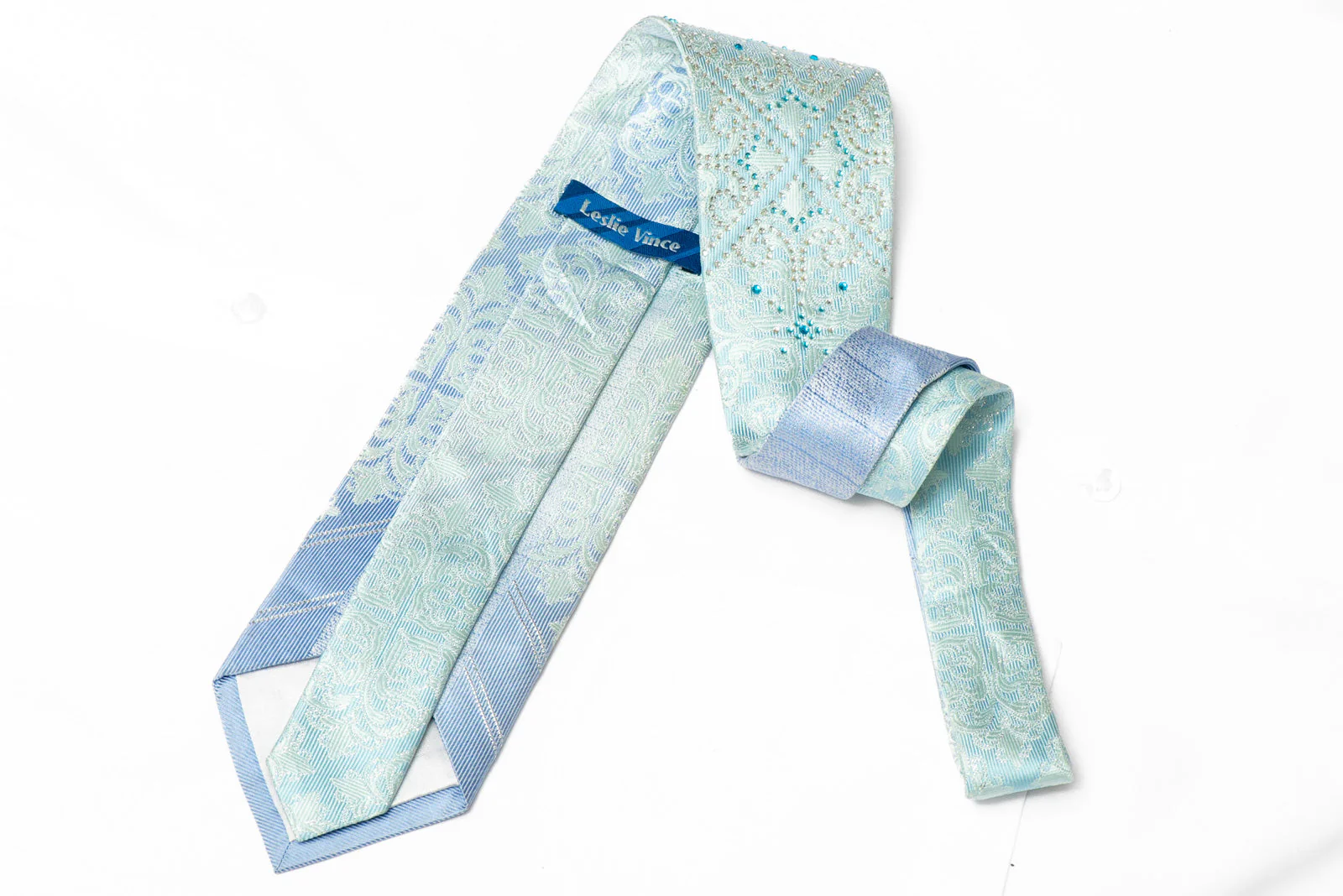 Damask On Light Blue Rhinestone Silk Tie With Silver Sparkles - Image 3