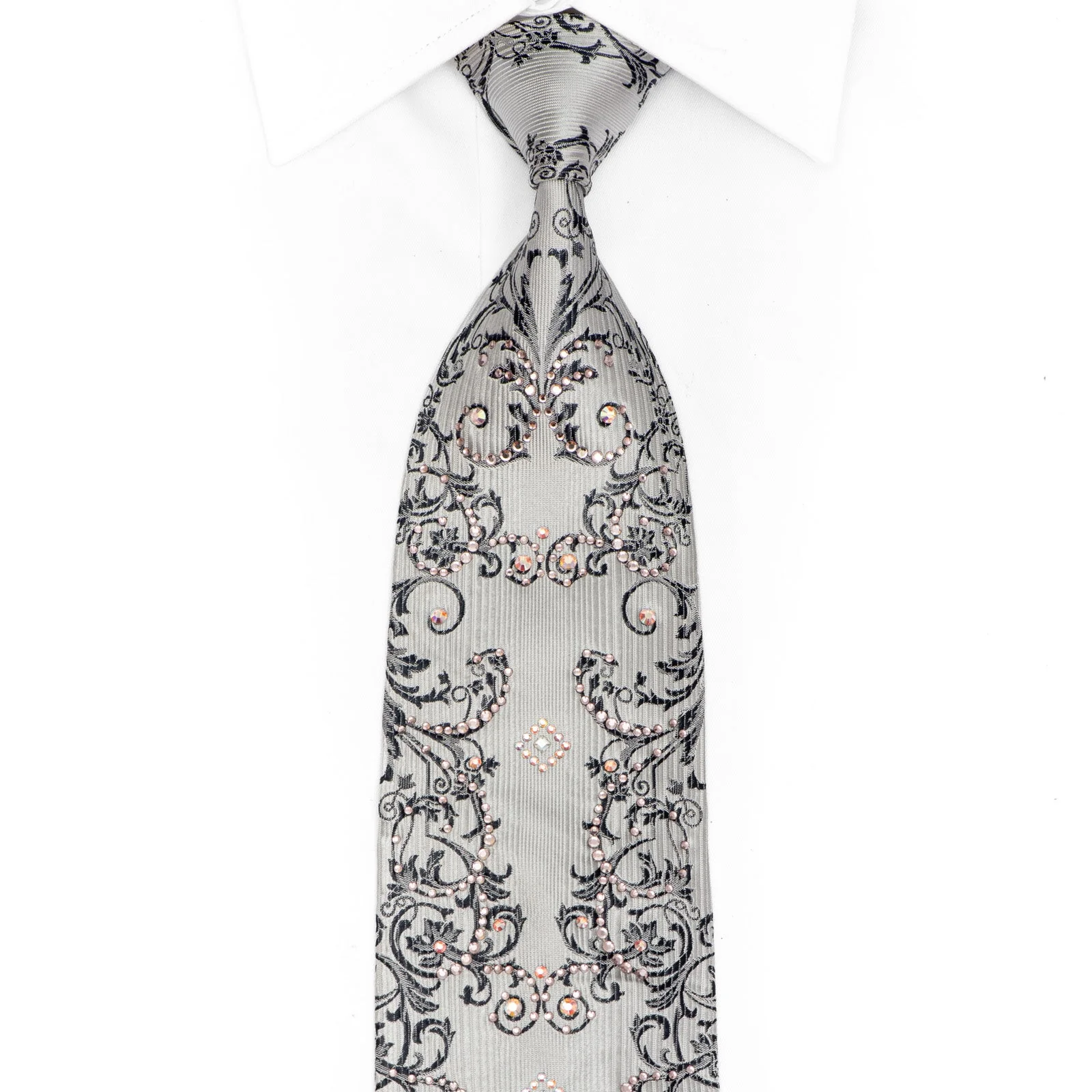 Damask On Silver Rhinestone Silk Tie