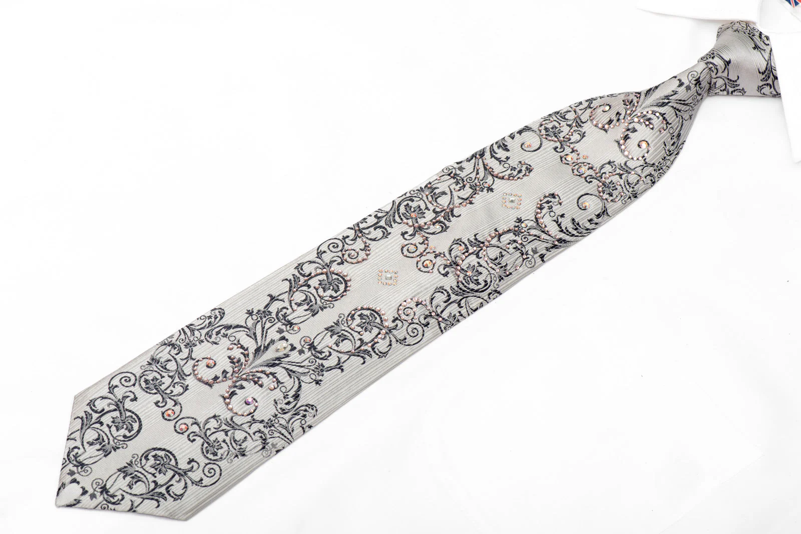 Damask On Silver Rhinestone Silk Tie - Image 2