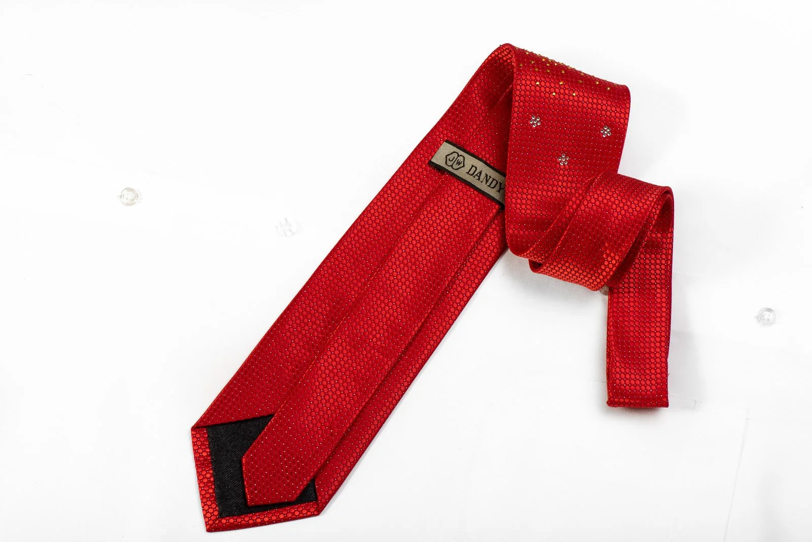 Dandy Men's Crystal Silk Tie Micro Circles On Red With Silver Sparkles - Image 4