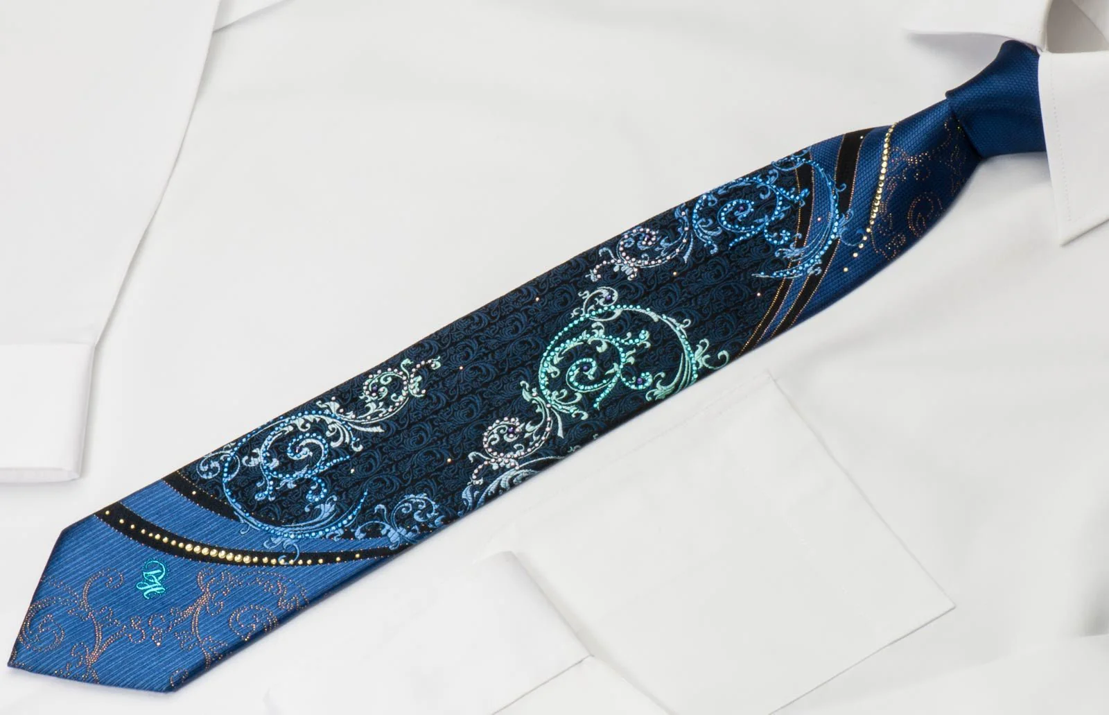 Danie Hechter Rhinestone Necktie Vines On Navy Blue With Golden Sparkles - Image 6