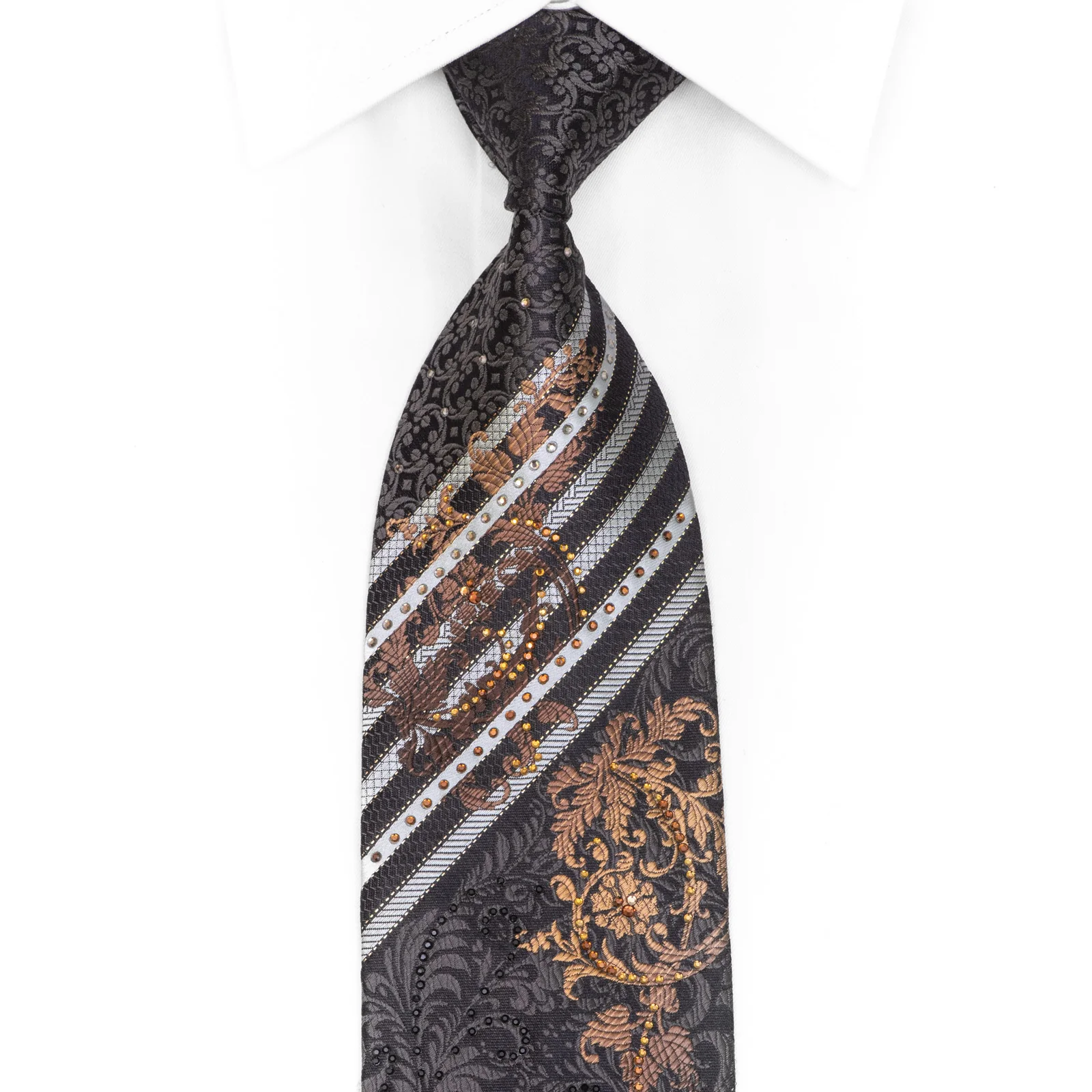 Silver Striped Brown Acanthus On Black Rhinestone Tie With Sparkles