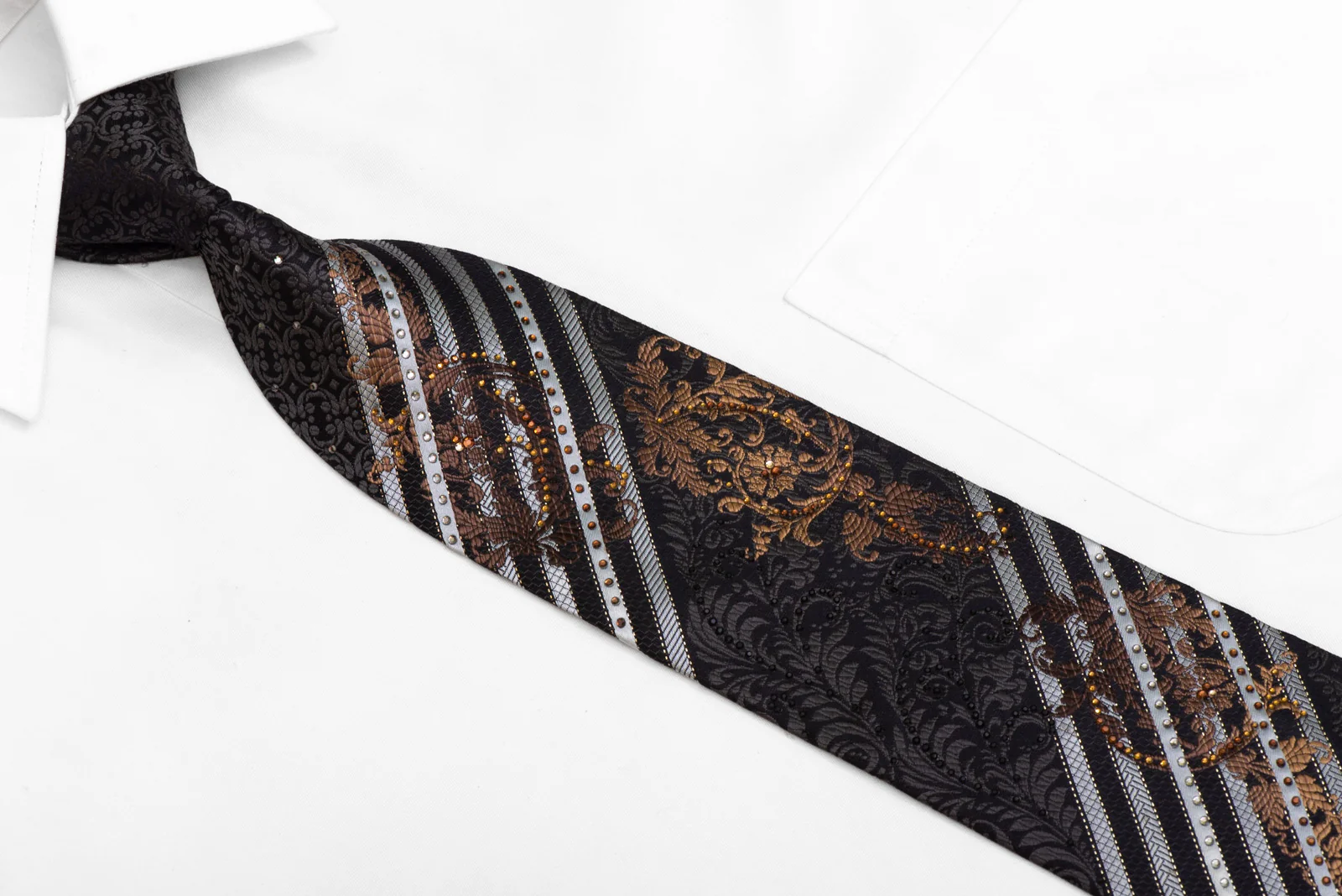 Silver Striped Brown Acanthus On Black Rhinestone Tie With Sparkles - Image 2