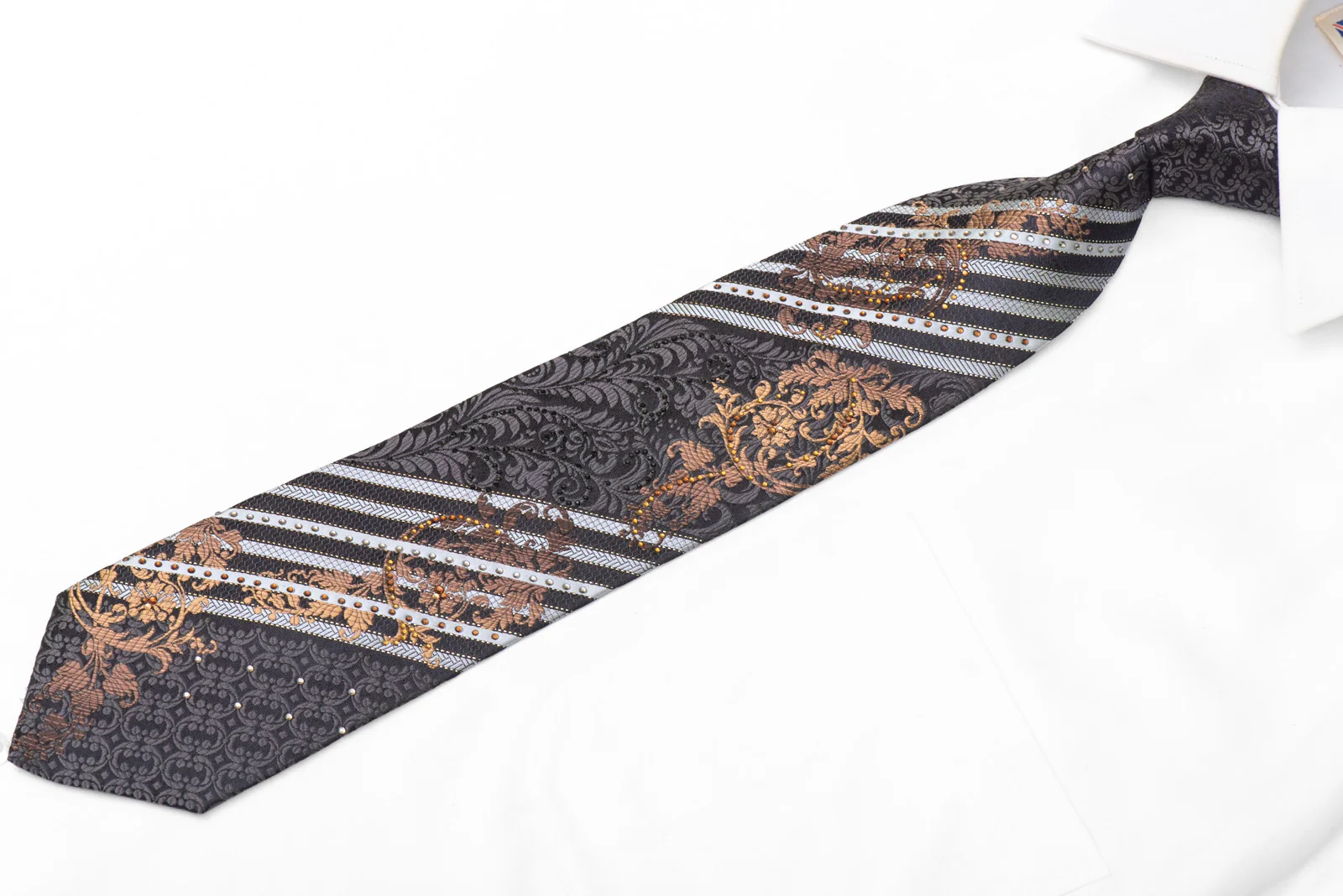 Silver Striped Brown Acanthus On Black Rhinestone Tie With Sparkles - Image 3