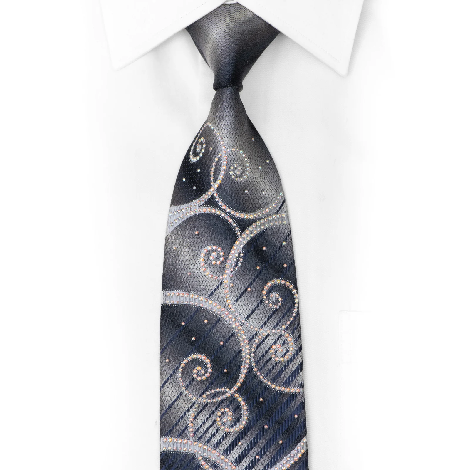 Silver Scrolls On Silver Silk Rhinestone Necktie With Silver Sparkles