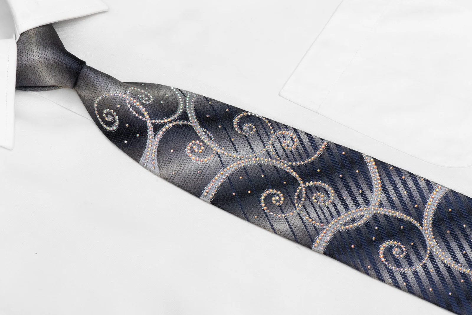 Silver Scrolls On Silver Silk Rhinestone Necktie With Silver Sparkles - Image 2