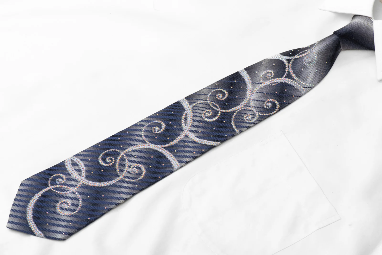 Silver Scrolls On Silver Silk Rhinestone Necktie With Silver Sparkles - Image 3