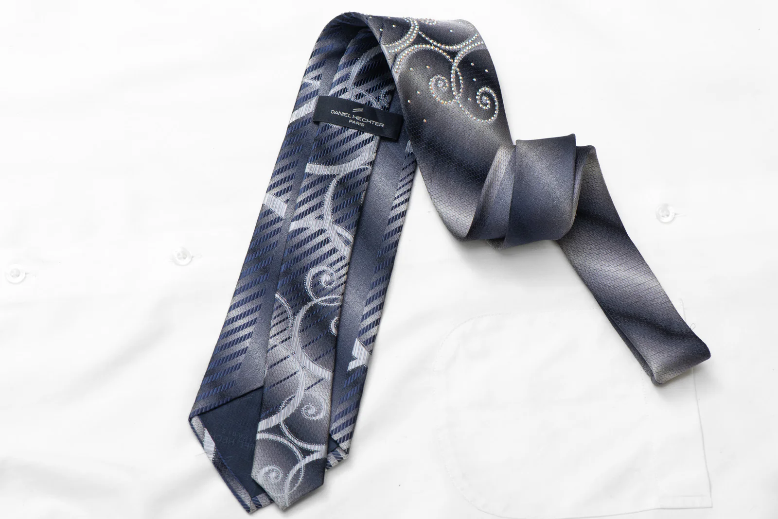 Silver Scrolls On Silver Silk Rhinestone Necktie With Silver Sparkles - Image 4