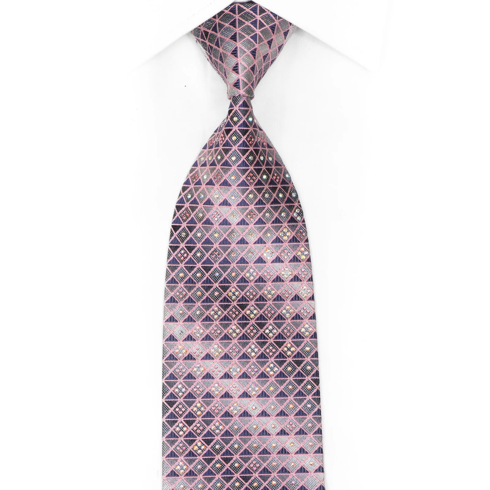 Pink Trellis On Silver Rhinestone Silk Necktie With Silver Sparkles