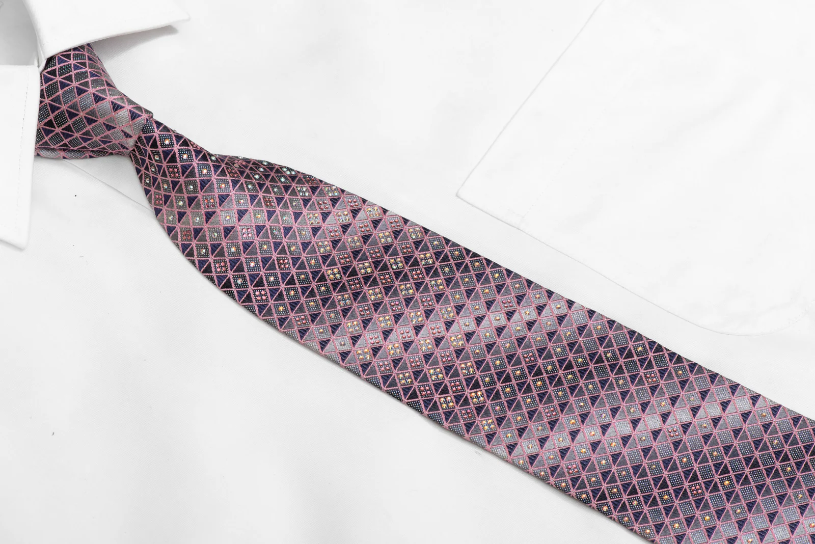 Pink Trellis On Silver Rhinestone Silk Necktie With Silver Sparkles - Image 2
