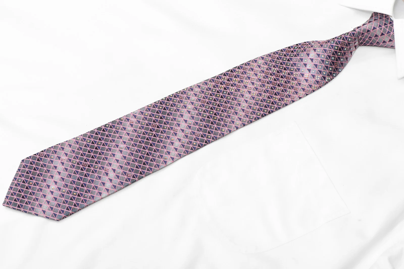 Pink Trellis On Silver Rhinestone Silk Necktie With Silver Sparkles - Image 3