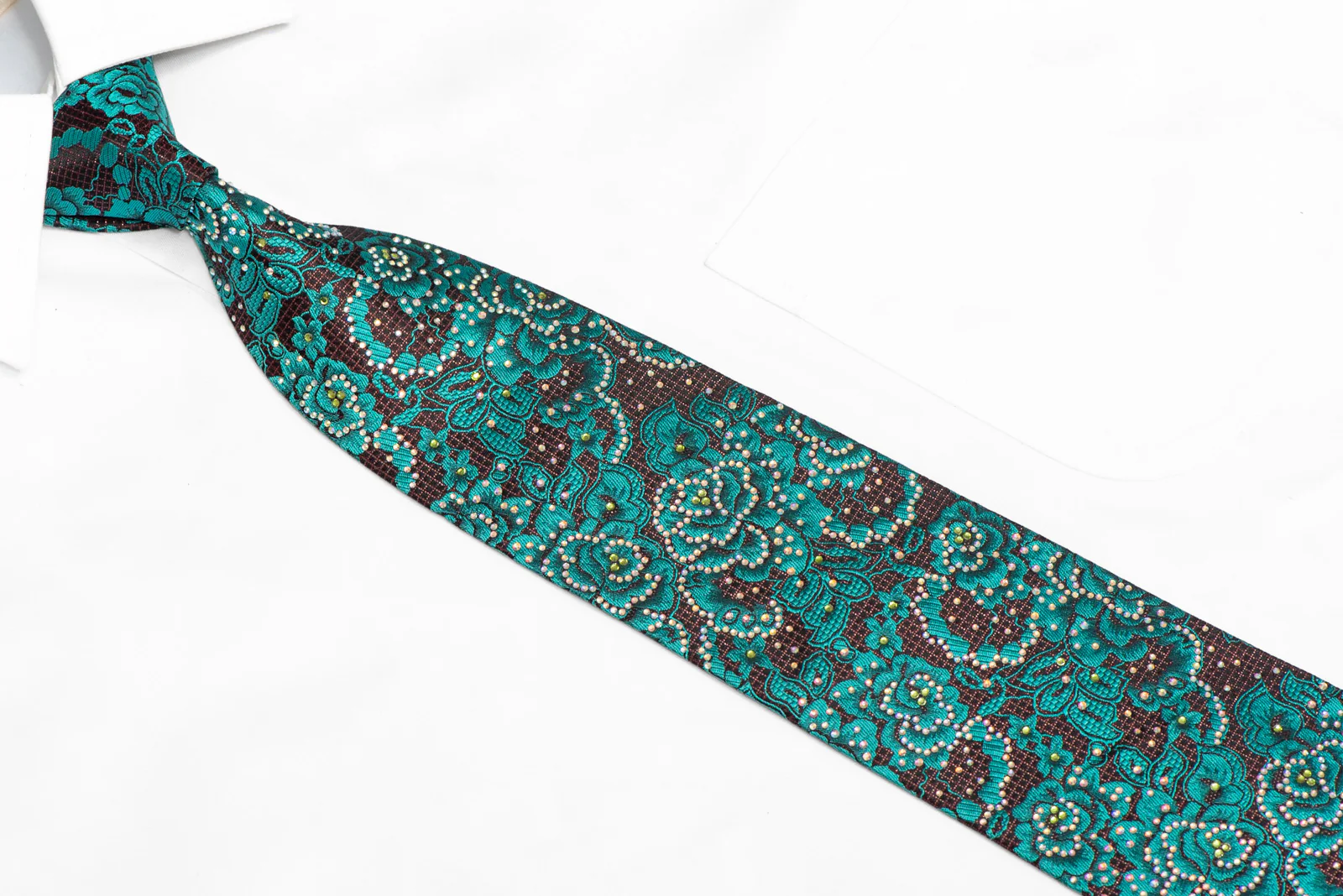 Teal Floral On Black Burgundy Rhinestone Necktie With Silver Sparkles - Image 2