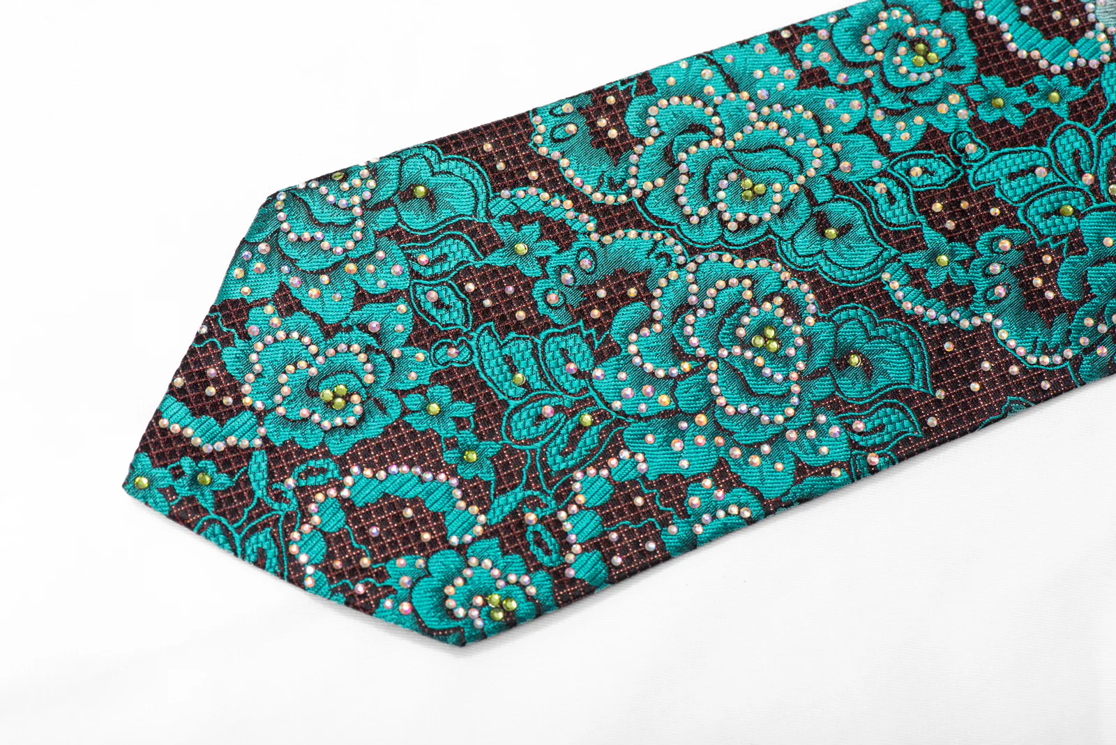Teal Floral On Black Burgundy Rhinestone Necktie With Silver Sparkles - Image 4